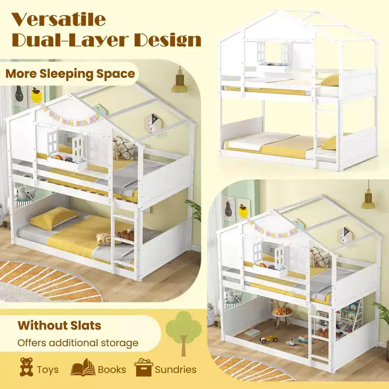 Lit superposé jumeau sur jumeau pour enfants avec toit, fenêtre verrouillable, boîte de rangement, lattes en bois