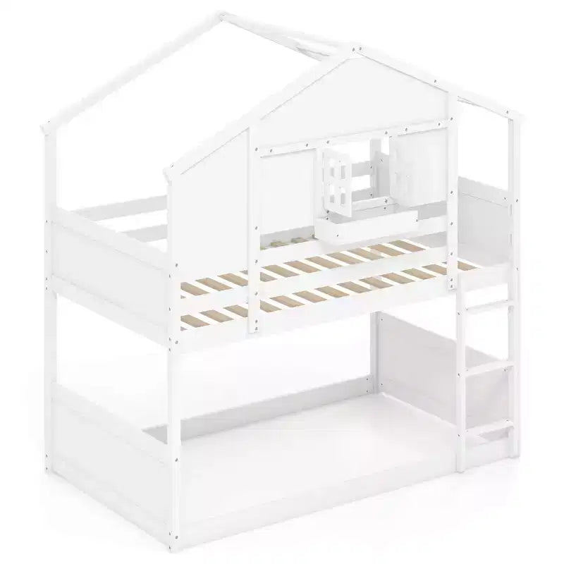 Lit superposé jumeau sur jumeau pour enfants avec toit, fenêtre verrouillable, boîte de rangement, lattes en bois