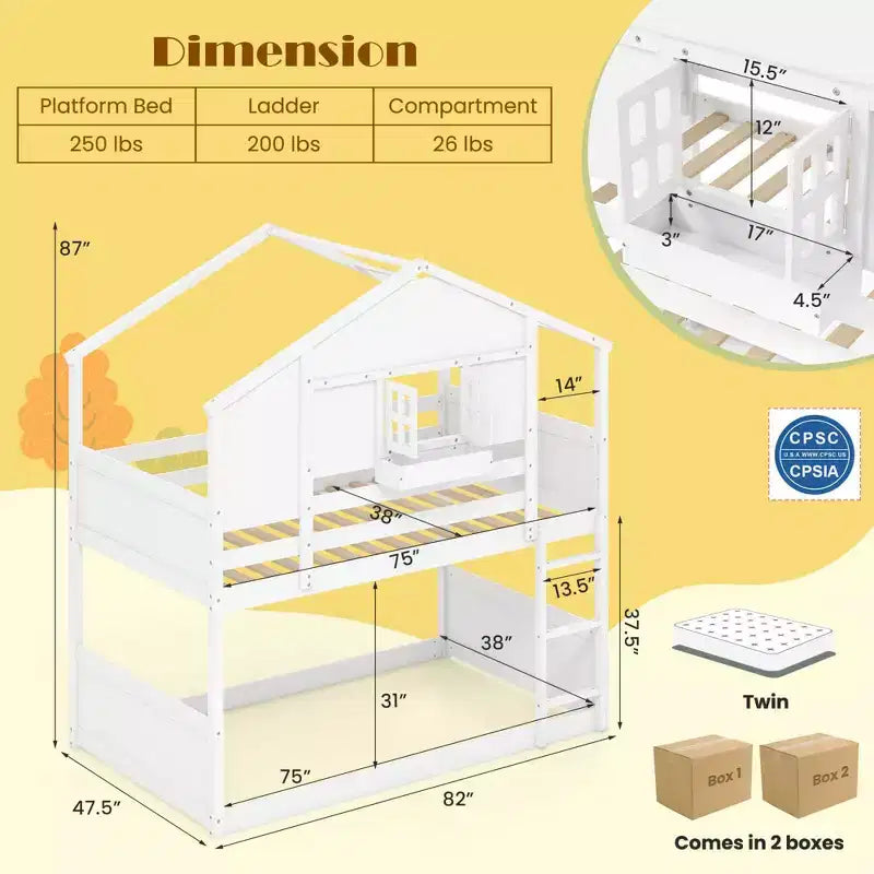 Lit superposé jumeau sur jumeau pour enfants avec toit, fenêtre verrouillable, boîte de rangement, lattes en bois