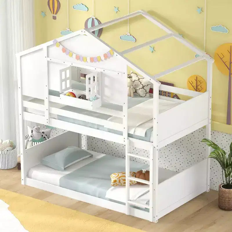 Lit superposé jumeau sur jumeau pour enfants avec toit, fenêtre verrouillable, boîte de rangement, lattes en bois