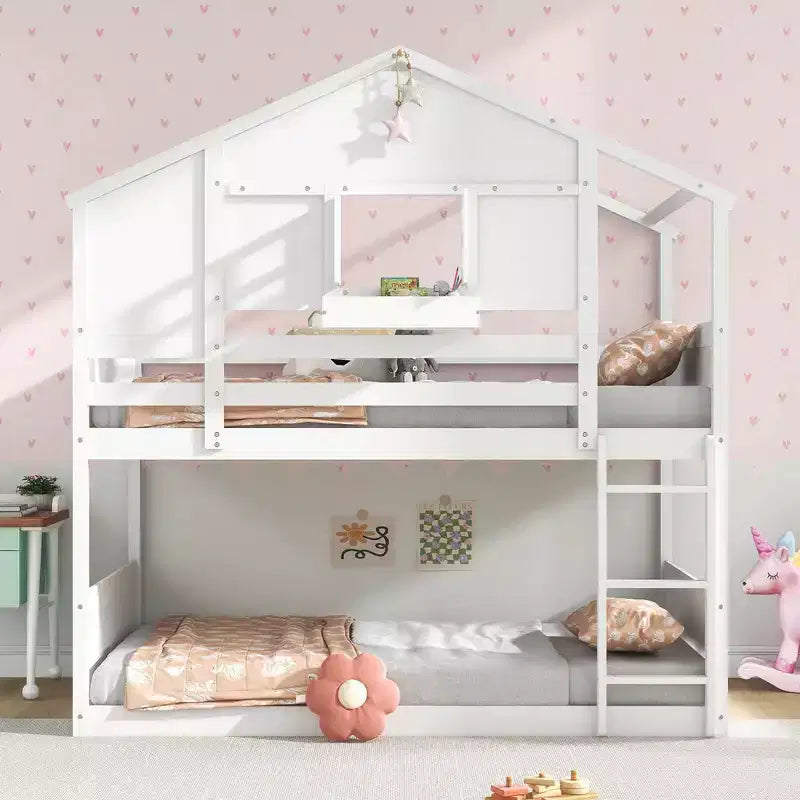 Lit superposé jumeau sur jumeau pour enfants avec toit, fenêtre verrouillable, boîte de rangement, lattes en bois