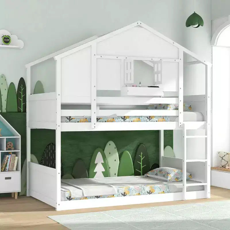 Lit superposé jumeau sur jumeau pour enfants avec toit, fenêtre verrouillable, boîte de rangement, lattes en bois
