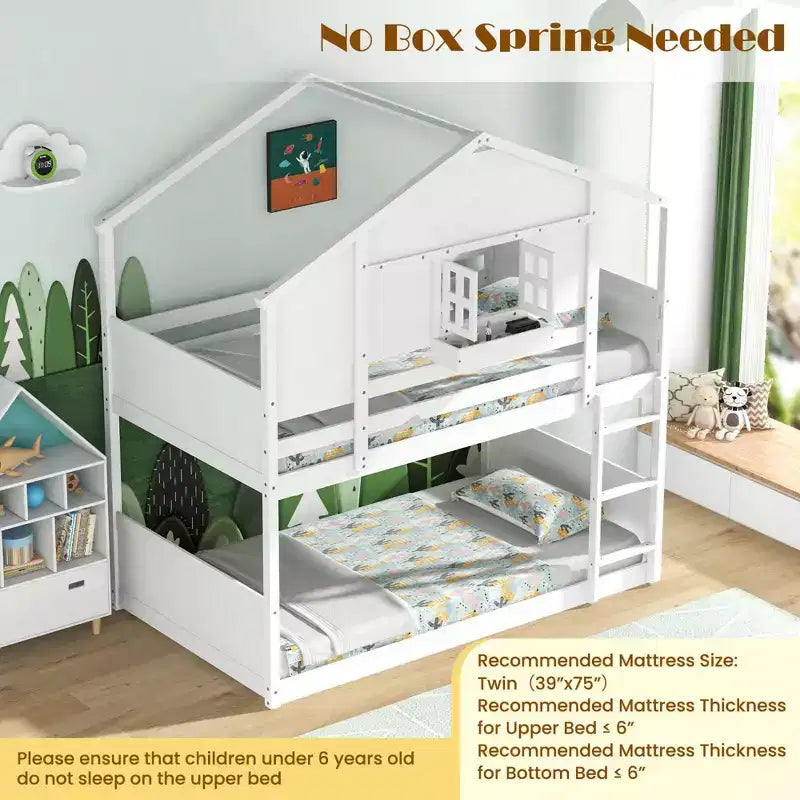 Lit superposé jumeau sur jumeau pour enfants avec toit, fenêtre verrouillable, boîte de rangement, lattes en bois