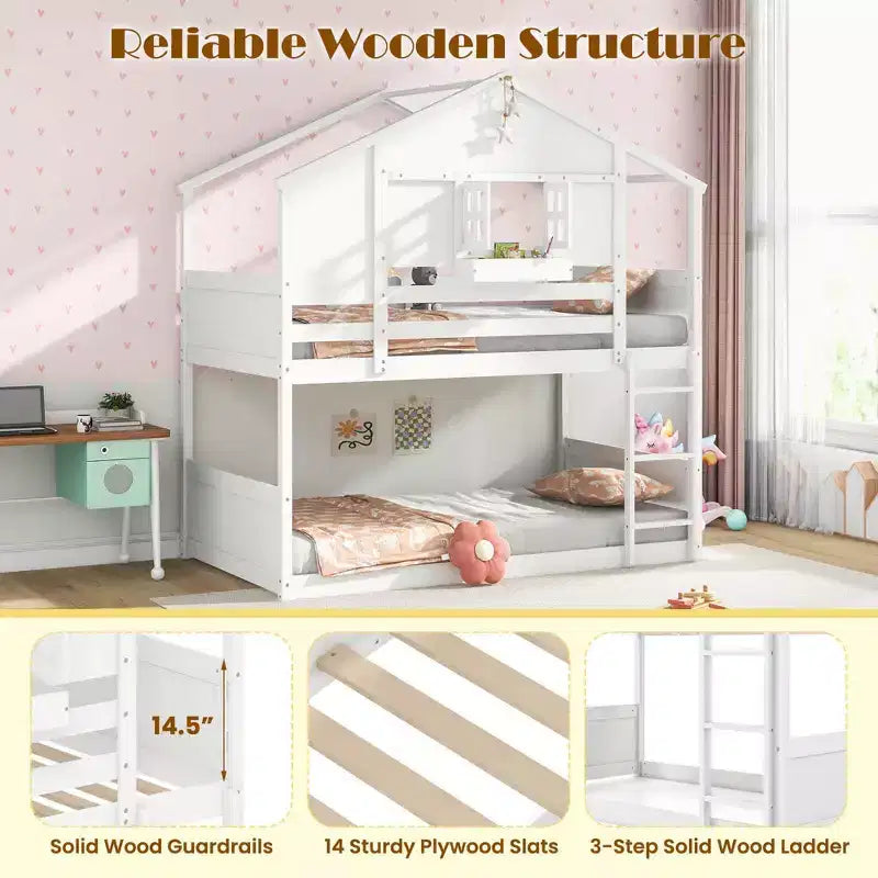Lit superposé jumeau sur jumeau pour enfants avec toit, fenêtre verrouillable, boîte de rangement, lattes en bois