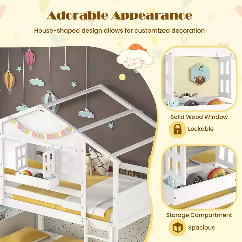 Lit superposé jumeau sur jumeau pour enfants avec toit, fenêtre verrouillable, boîte de rangement, lattes en bois