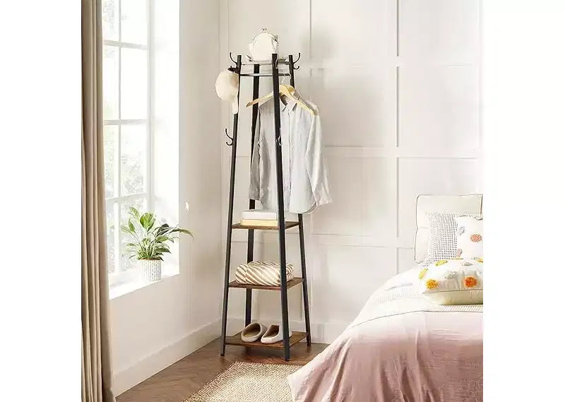 Industrial Style Coat Rack with Shelves and Hooks - Free-Standing Hall Tree for Entryway and Living Room