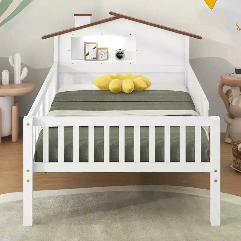 Lit plateforme en bois double/grand avec tête de lit en forme de maison et lumière LED