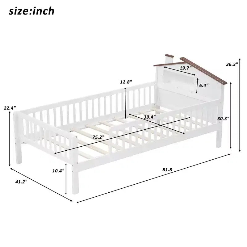 Lit plateforme en bois double/grand avec tête de lit en forme de maison et lumière LED