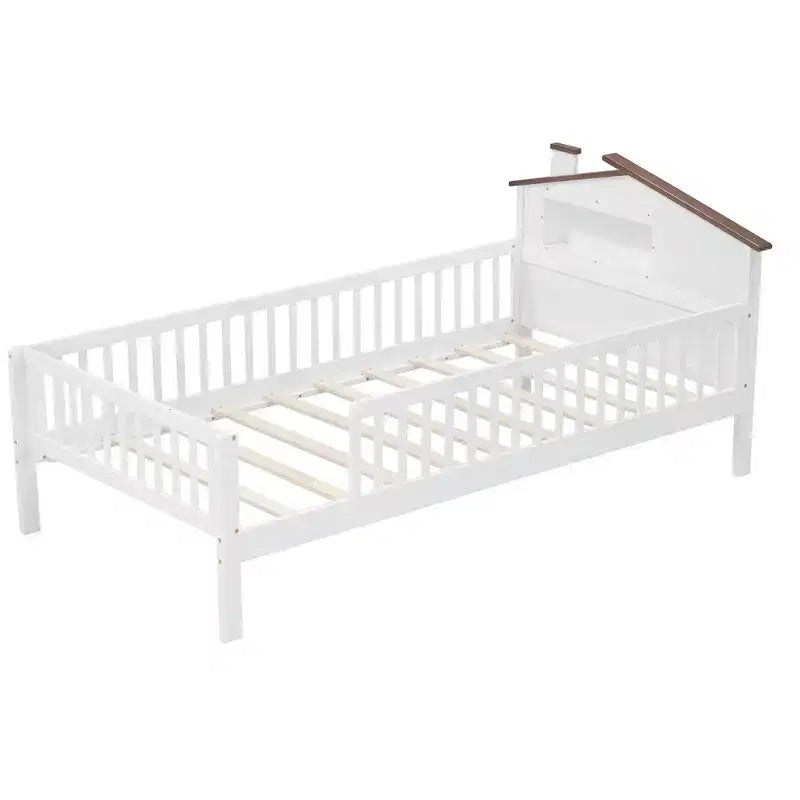 Lit plateforme en bois double/grand avec tête de lit en forme de maison et lumière LED
