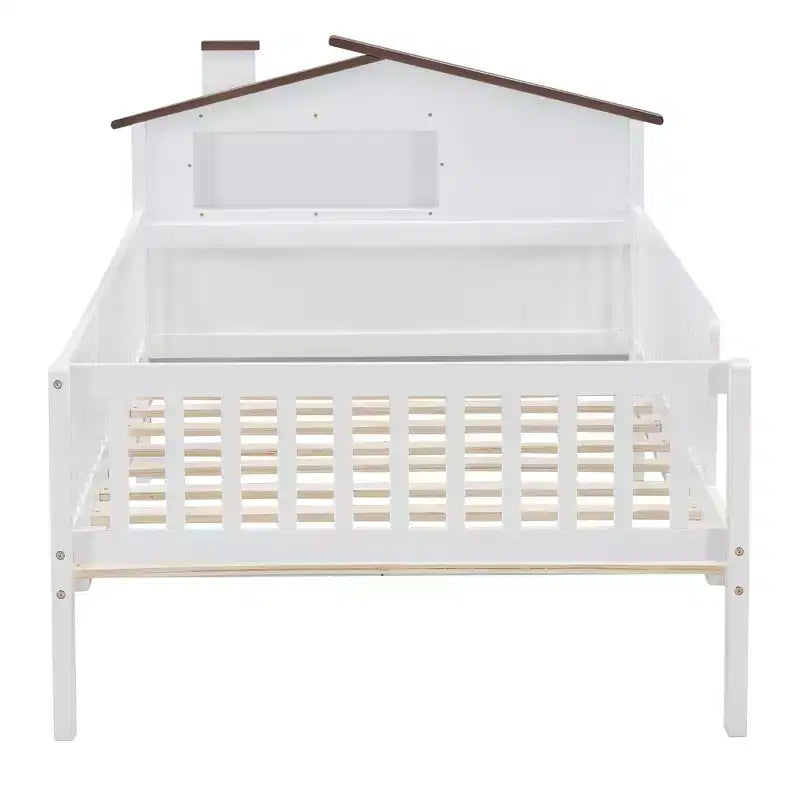 Lit plateforme en bois double/grand avec tête de lit en forme de maison et lumière LED