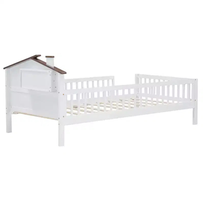 Lit plateforme en bois double/grand avec tête de lit en forme de maison et lumière LED