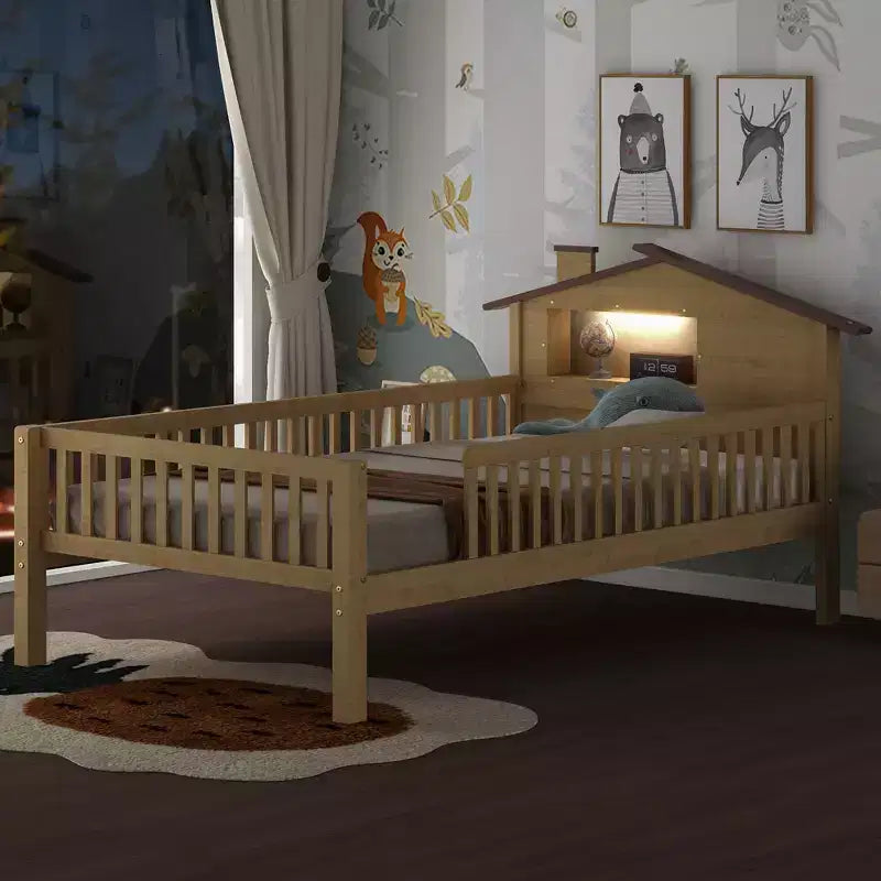 Lit plateforme en bois double/grand avec tête de lit en forme de maison et lumière LED