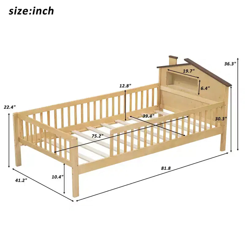 Lit plateforme en bois double/grand avec tête de lit en forme de maison et lumière LED