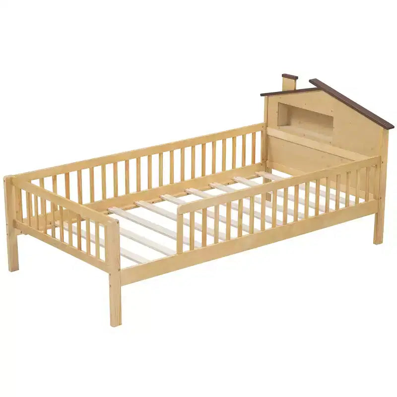 Lit plateforme en bois double/grand avec tête de lit en forme de maison et lumière LED