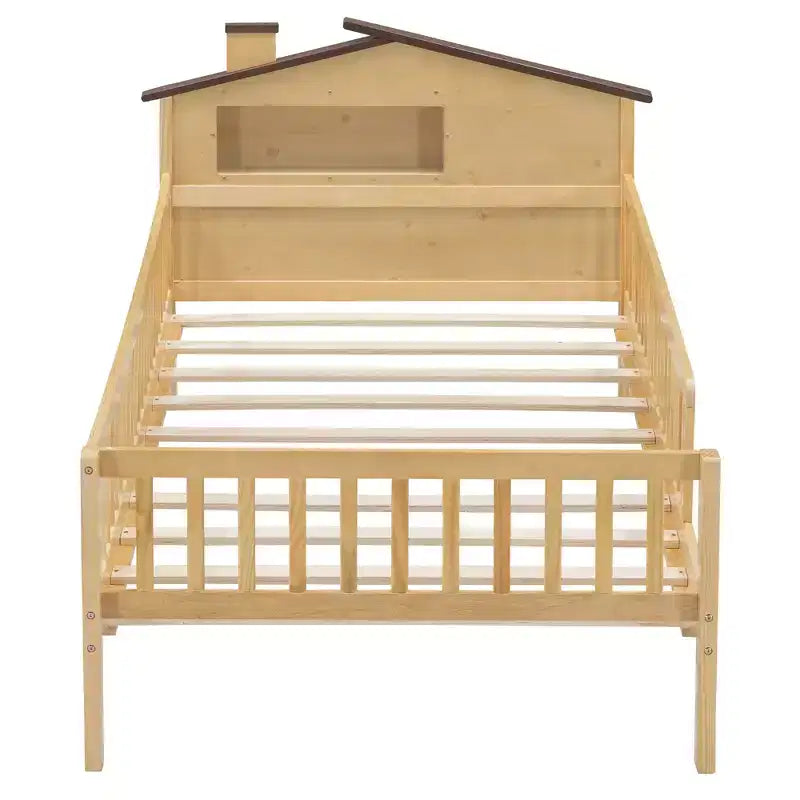 Lit plateforme en bois double/grand avec tête de lit en forme de maison et lumière LED