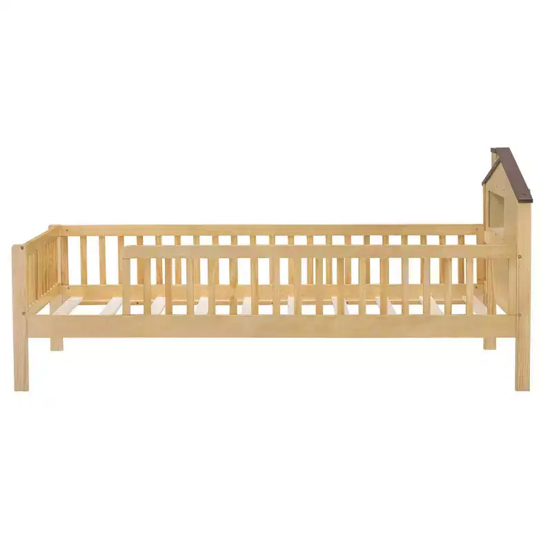Lit plateforme en bois double/grand avec tête de lit en forme de maison et lumière LED