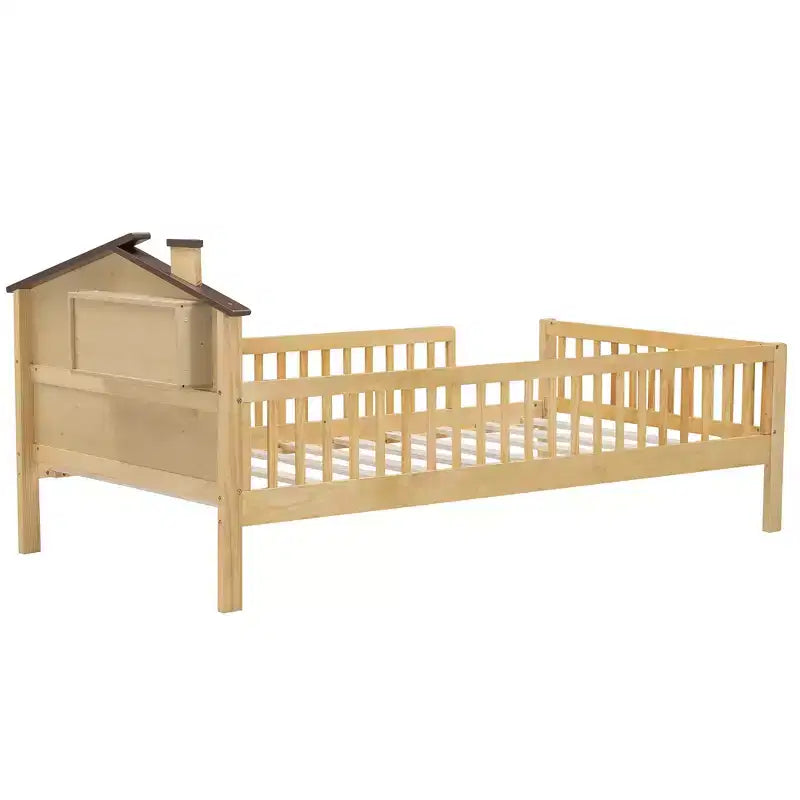 Lit plateforme en bois double/grand avec tête de lit en forme de maison et lumière LED