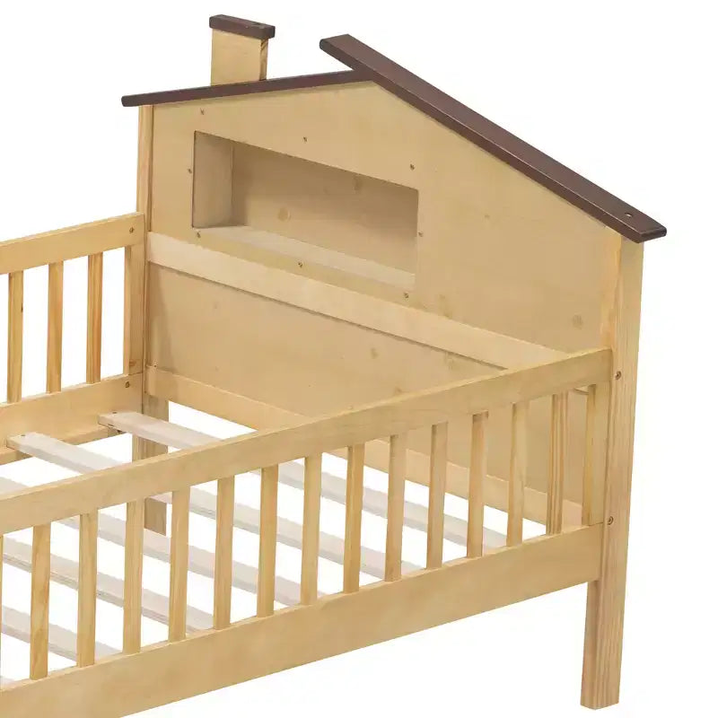 Lit plateforme en bois double/grand avec tête de lit en forme de maison et lumière LED