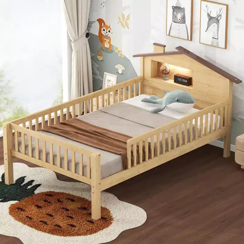 Twin/Full Size Wood Platform Bed with House-Shaped Headboard and LED Light - ModernLuxe