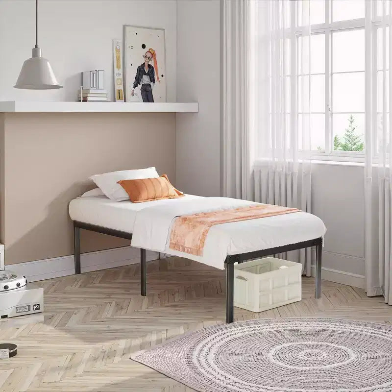Twin size heavy metal bedstead, with strong steel plate support, does not need box spring