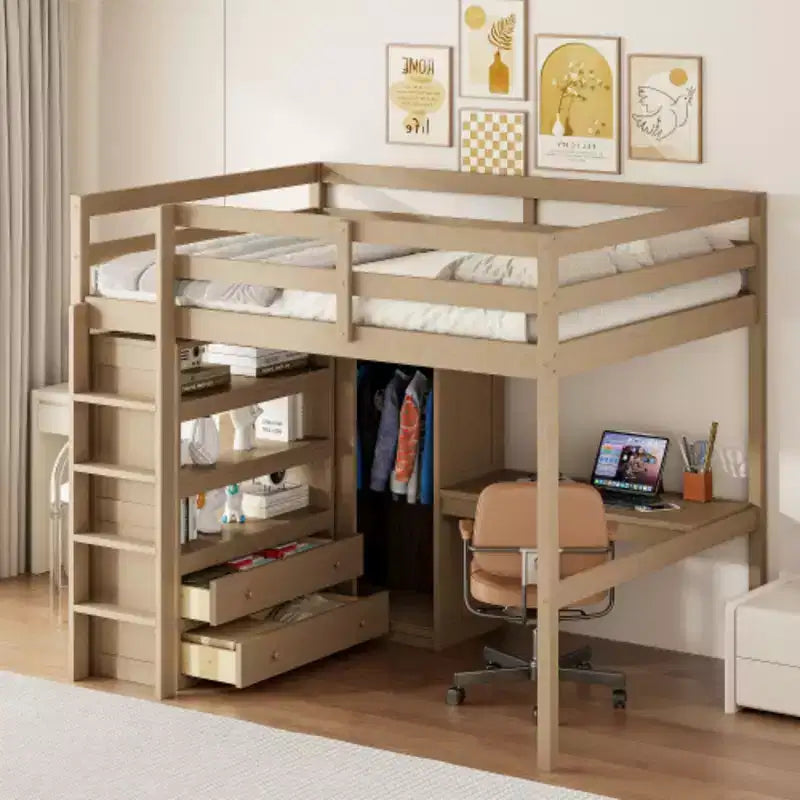 Wood Full Size Loft Bed with Built-in Wardrobe, Desk, Storage Shelves and Drawers, Walnut