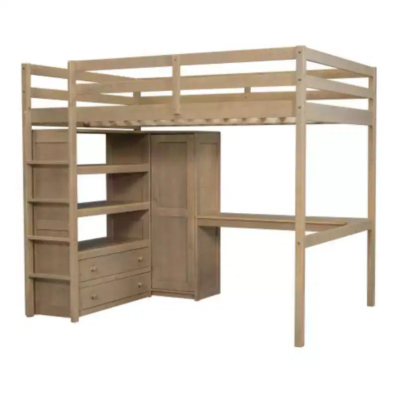 Lit mezzanine pleine grandeur en bois avec armoire et bureau intégrés