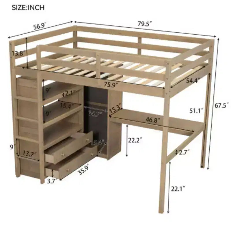 Lit mezzanine pleine grandeur en bois avec armoire et bureau intégrés