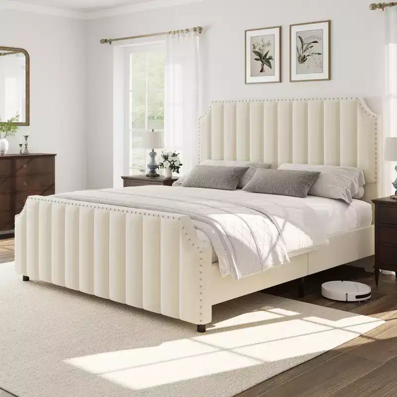 Cadre de lit avec tête de lit de 127,5 cm de haut, lit tapissé en velours