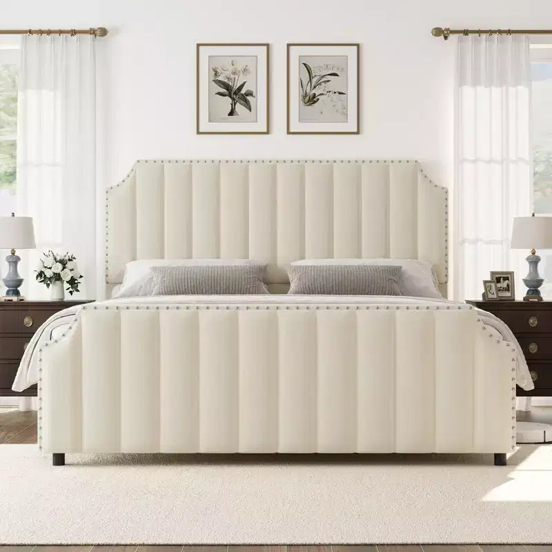 WhizMax Queen/King Size Bed Frame with 50.2 Tall Headboard, Velvet Upholstered Bed Frame Queen with Vertical Channel Tufted Headboard & Footboard