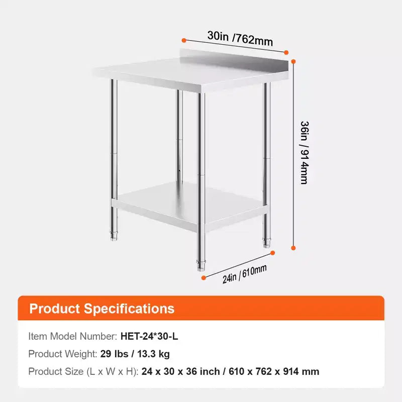 Table de travail en acier inoxydable 24 x 30 x 36 pouces, table de préparation alimentaire commerciale robuste