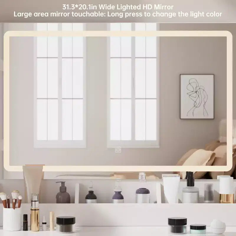 Coiffeuse blanche moderne avec éclairage réglable, miroir et rangements
