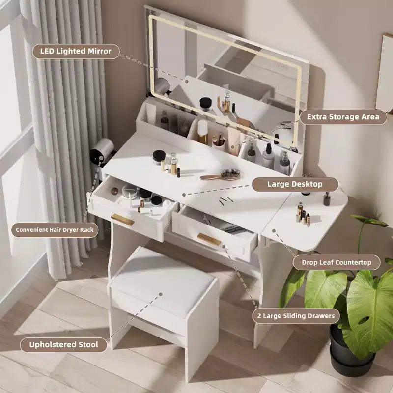Coiffeuse blanche moderne avec éclairage réglable, miroir et rangements