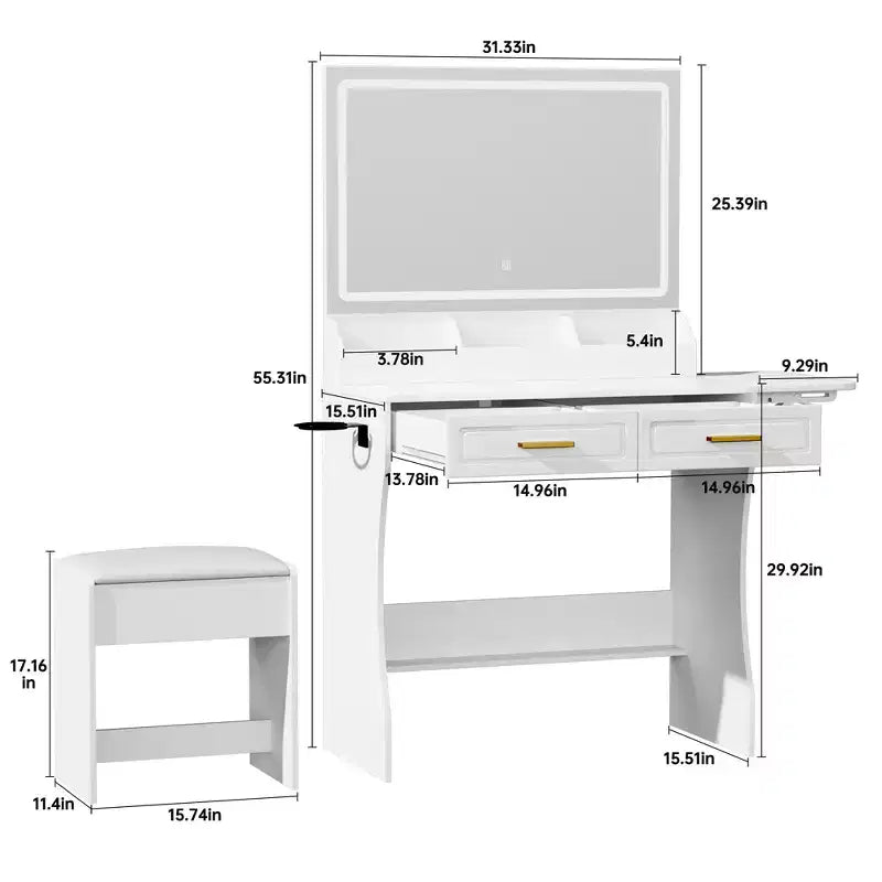 Coiffeuse blanche moderne avec éclairage réglable, miroir et rangements