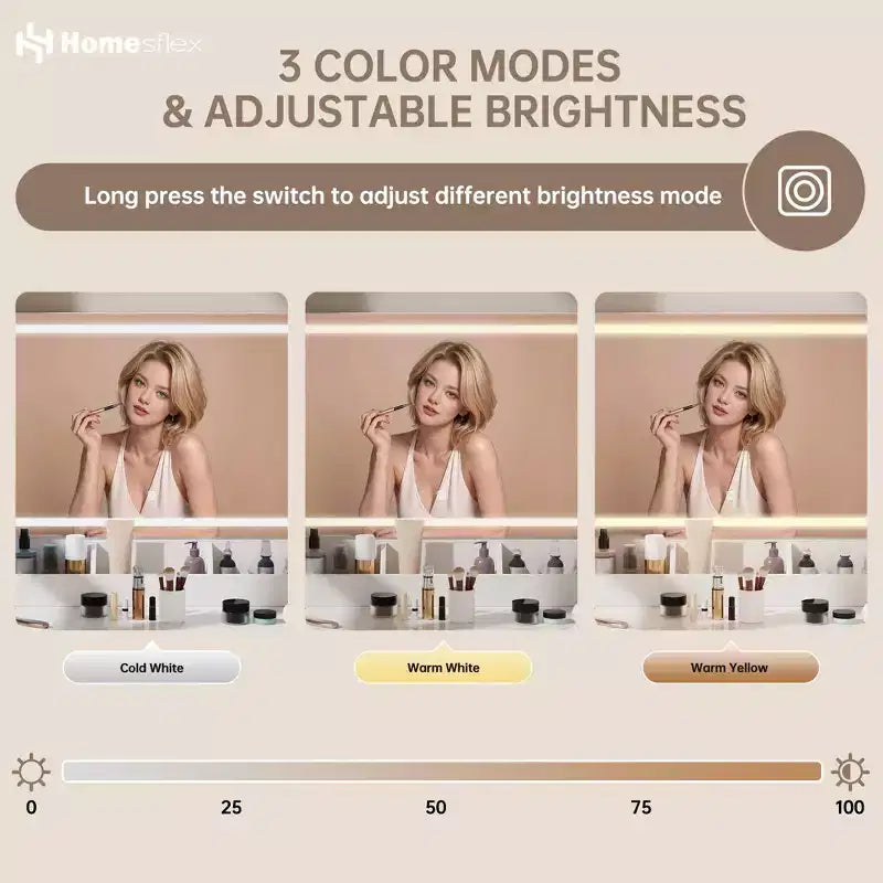 Coiffeuse blanche moderne avec éclairage réglable, miroir et rangements