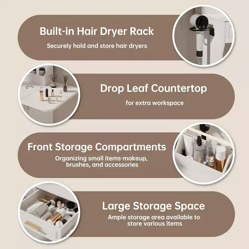 Coiffeuse blanche moderne avec éclairage réglable, miroir et rangements