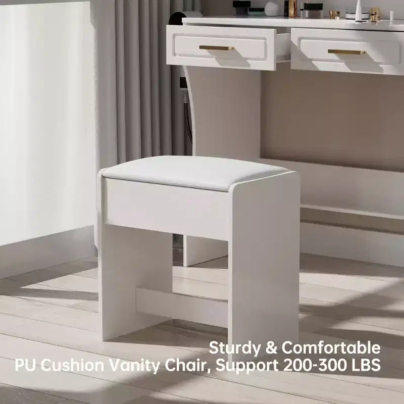 Coiffeuse blanche moderne avec éclairage réglable, miroir et rangements