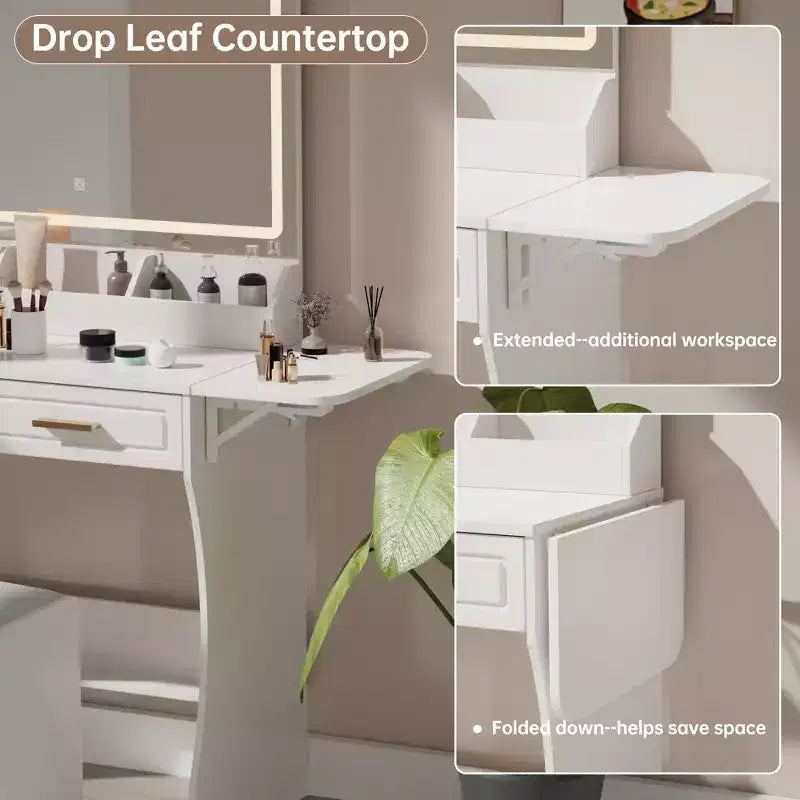 Coiffeuse blanche moderne avec éclairage réglable, miroir et rangements