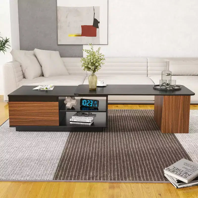 Extendable Coffee Table Cocktail Table Adjustable Wood Center Table Side Table with 2 Storage Drawers, Black+Walnut Brown-ModernLuxe