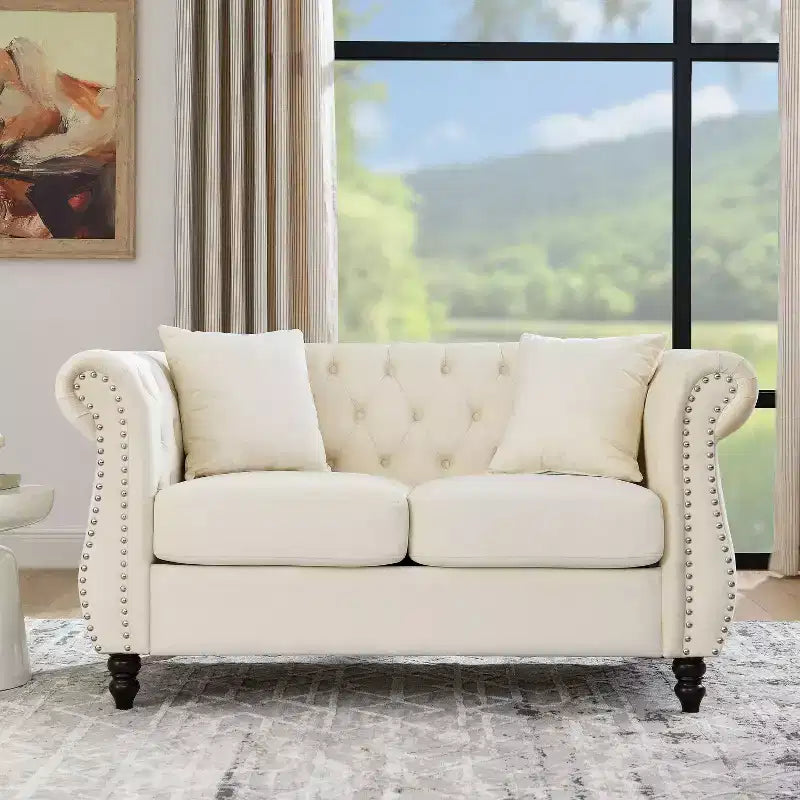Canapé 2 places capitonné en velours beige pour salon, 58,8 po