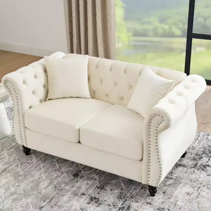 Canapé 2 places capitonné en velours beige pour salon, 58,8 po