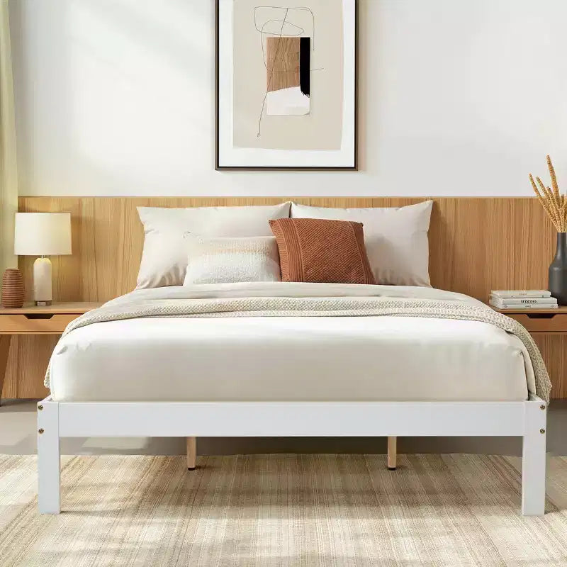 Solid Wood Platform Bed Frame with Wooden Slat Support, White