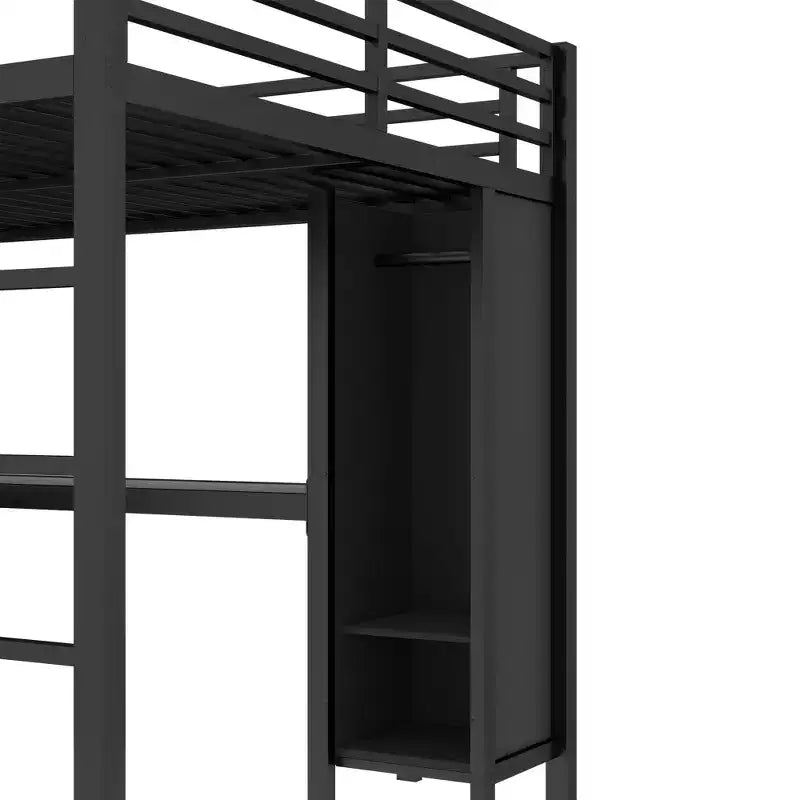 Lit mezzanine en métal avec armoire et bureau en L, usage intensif