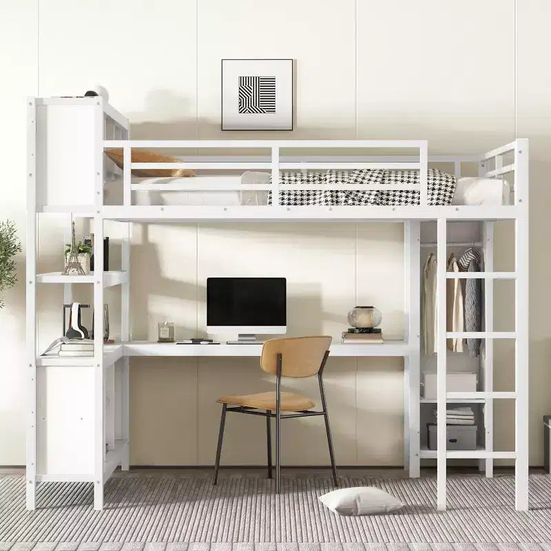 Lit mezzanine en métal avec armoire et bureau en L, usage intensif
