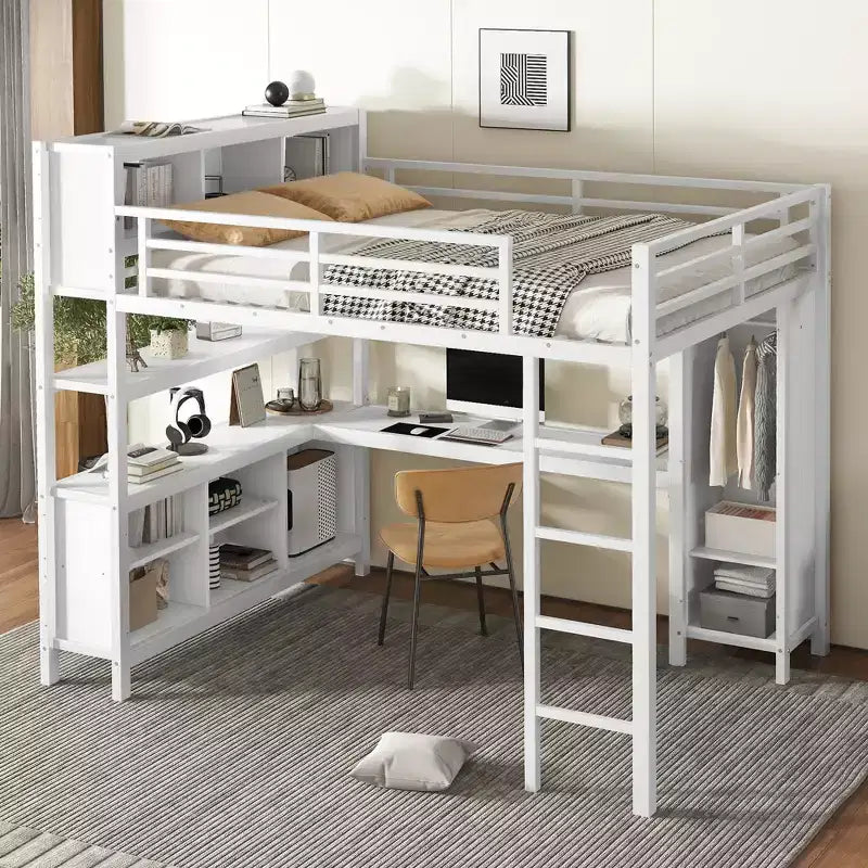 Lit mezzanine en métal avec armoire et bureau en L, usage intensif