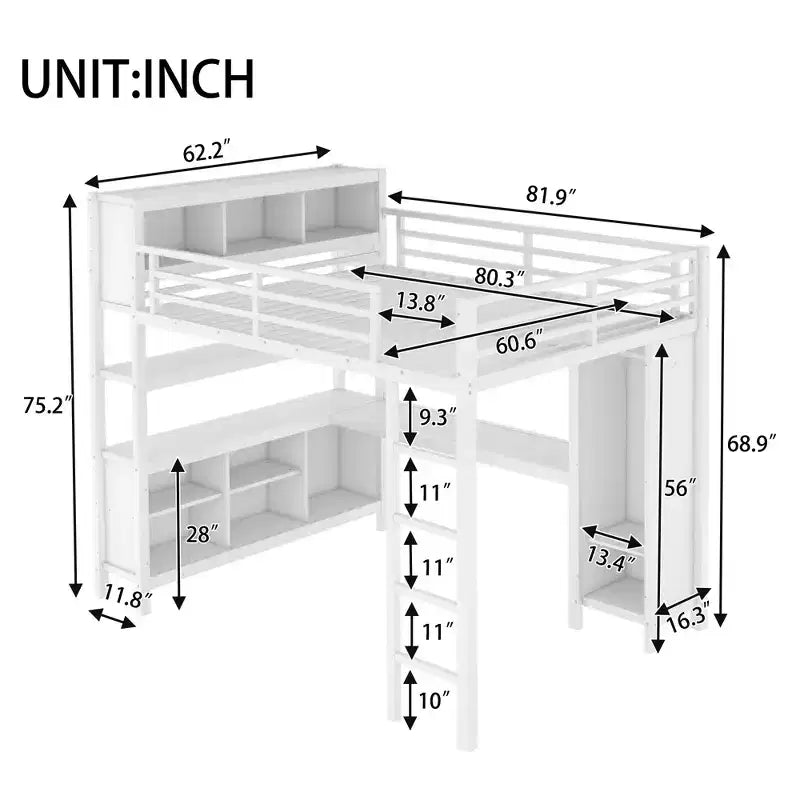 Lit mezzanine en métal avec armoire et bureau en L, usage intensif