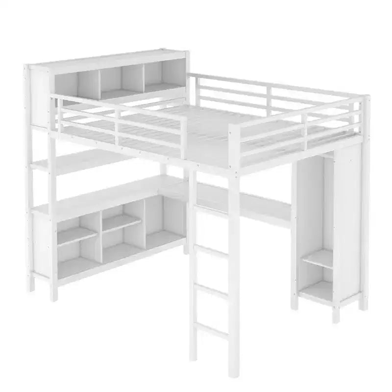 Lit mezzanine en métal avec armoire et bureau en L, usage intensif