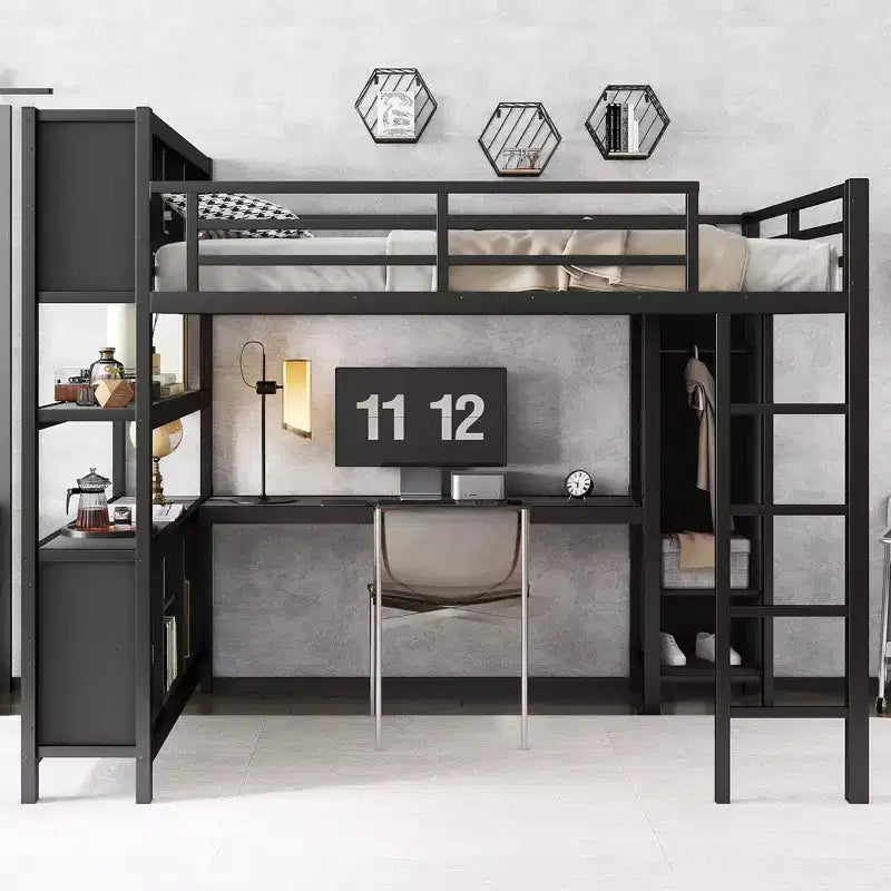 Lit mezzanine en métal avec armoire et bureau en L, usage intensif