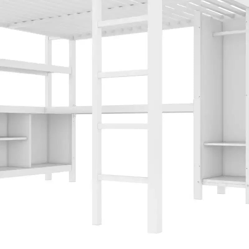 Lit mezzanine en métal avec armoire et bureau en L, usage intensif