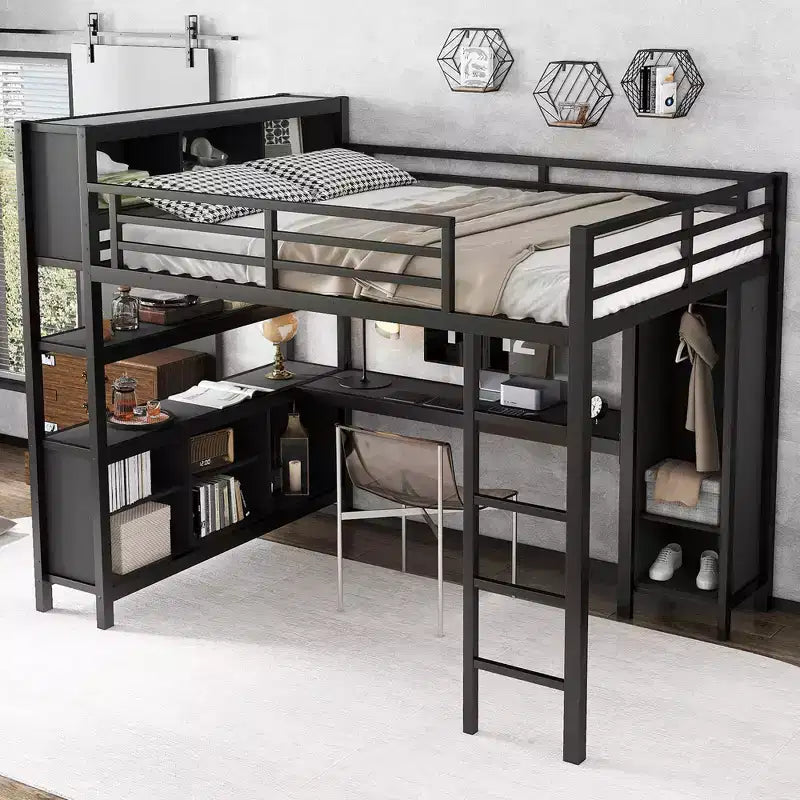 Lit mezzanine en métal avec armoire et bureau en L, usage intensif