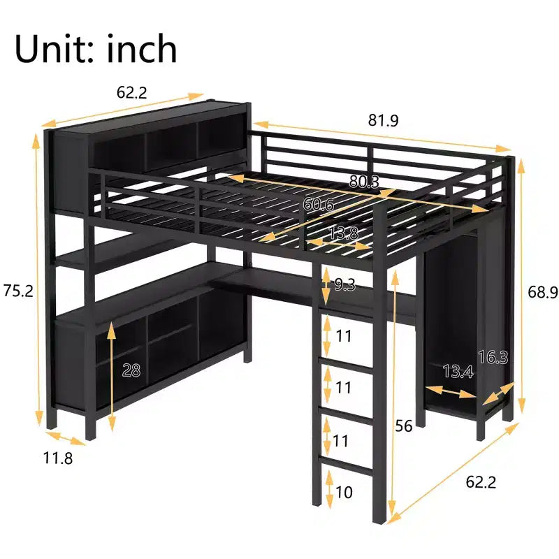 Lit mezzanine en métal avec armoire et bureau en L, usage intensif